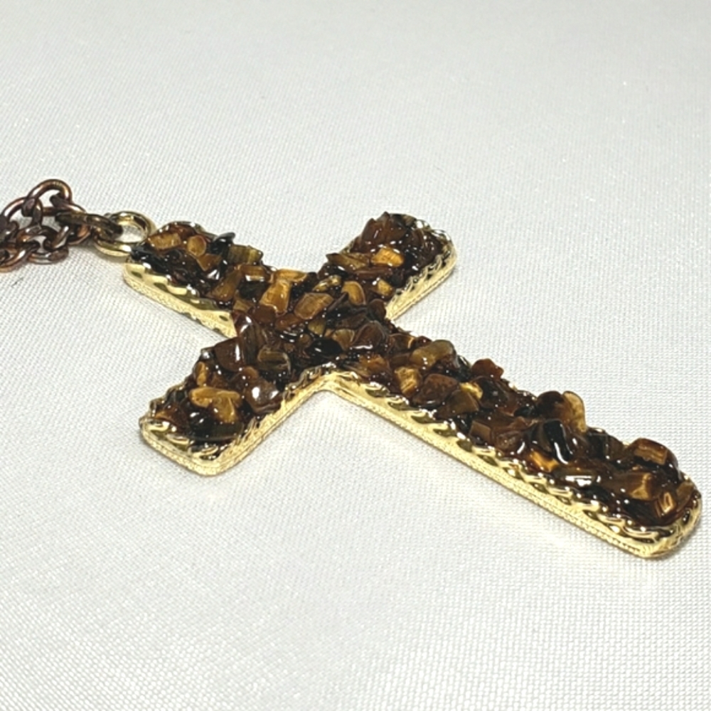 Brand New Genuine Natural Tiger Eye Cross Necklace .75"
